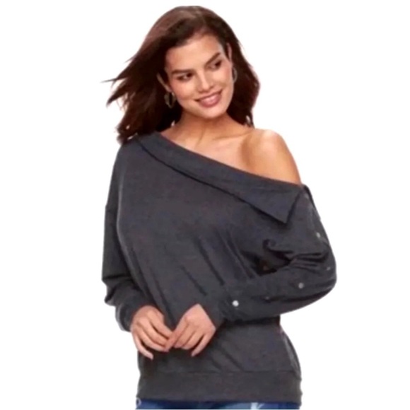 (NWT) Jennifer Lopez Women’s Embellished Soft One-Shoulder Gray Shirt - Picture 1 of 8